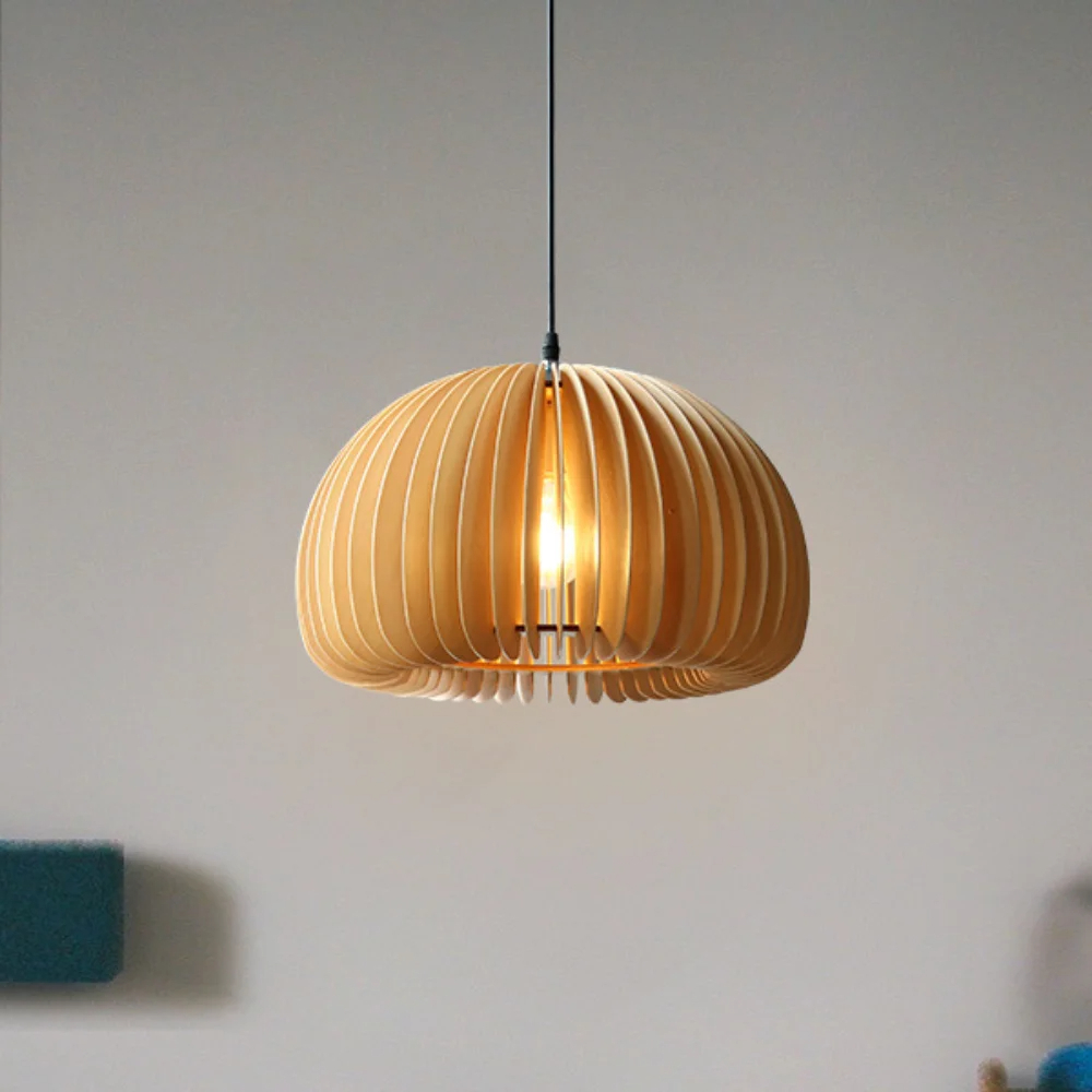 Lampe champignon bois suspendue de style moderne et nordique sur fond gris