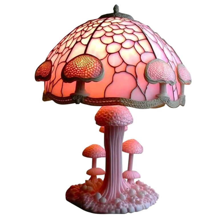 Lampe Champignon Façon Gallé LED Rose et Décorative en Résine sur fond blanc