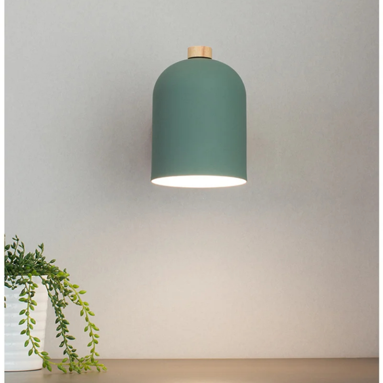 Lampe champignon murale nordique verte sur fond gris avec une plante à gauche