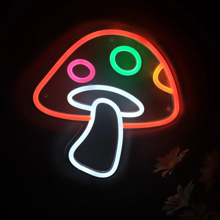 Néon champignon orange et blanc de style 3D sur fond sombre