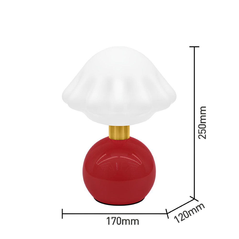 Lampe champignon avec un corps rouge de forme ronde en céramique. la partie supérieure de la lampe est blanche en forme de chapeau de champignon. les dimensions sont précisées autour de la lampe. Sur fond blanc.