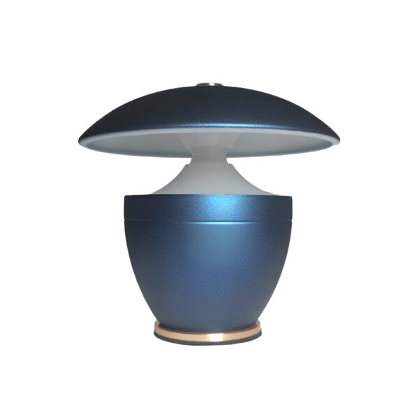 Une lampe champignon bleue au design moderne sur fond blanc.