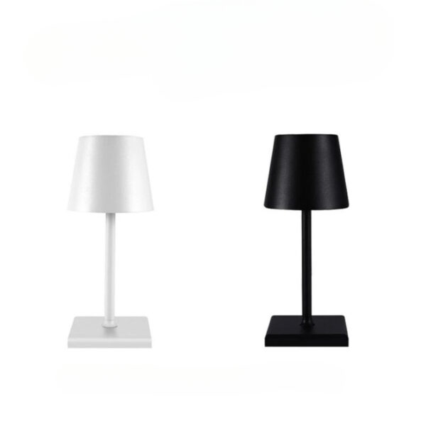 Deux lampes tactiles champignon sur fond blanc. La lampe de gauche est blanche et celle de droite est noire.