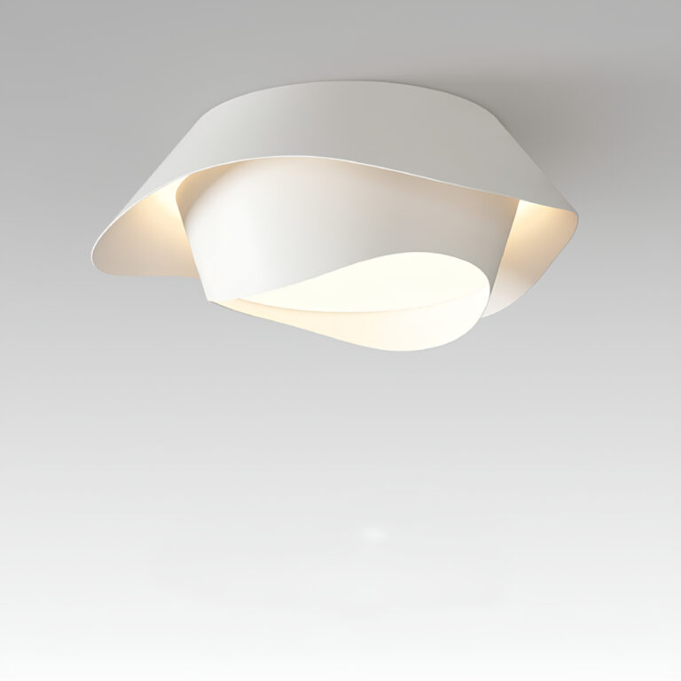 Plafonnier champignon de couleur blanche au design moderne avec une sorte de soucoupe à l'envers. L'ampoule est allumée.